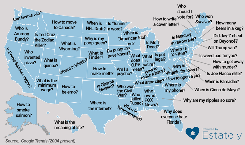 Illustration for article titled Be embarrassed by your home with this map of each state’s favorite Google question